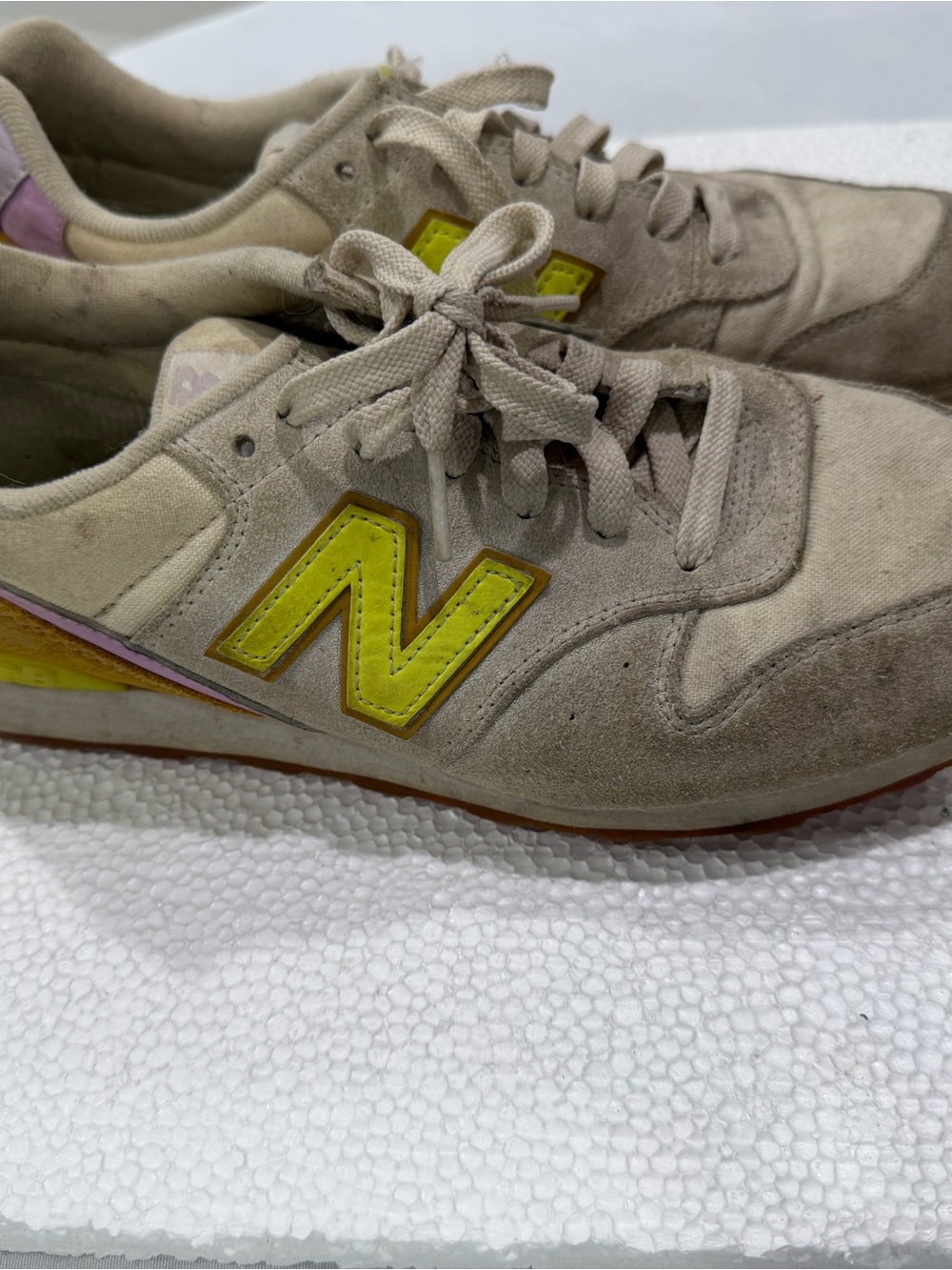 New Balance Beige Suede Sneakers with Yellow Logo